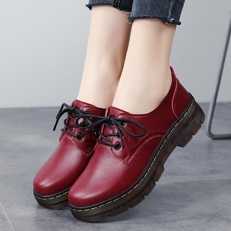 Large Size Women's Single Shoes Autumn Casual Small Leather Shoes Round Head Thick Heel Martin Boots Flat Bottom Shallow Mouth Shoes