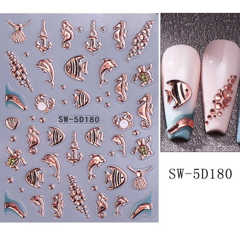 Jellyfish Summer Beach Nail Stickers Colorful Shell Starfish Conch Fish Adhesive Sliders Embossed Decals Manicure Foils Decor