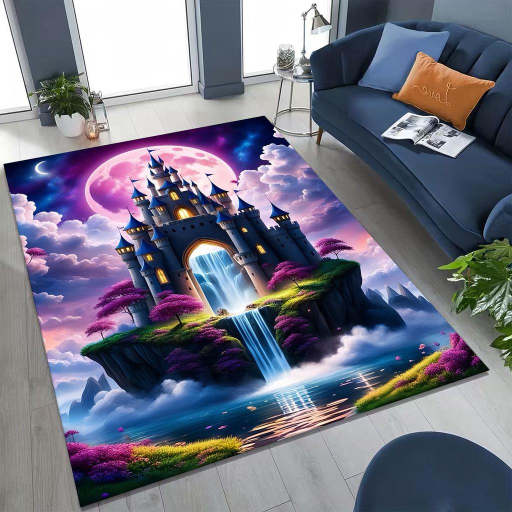 Enchanted Fairytale Princess Castle Gothic Castle Cartoon Rug for Bedroom Living Room Sofa Home Doormat Decor, Kids Non-slip Mat