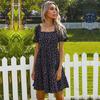 Floral Print Women Summer Short Dress Casual High Waist A-Line Slim Square Collar Short Sleeve Shirring Fall S-XL