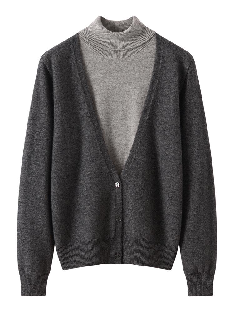 Autumn Winter High Neck Two-Piece Cashmere Knit Sweater for Women