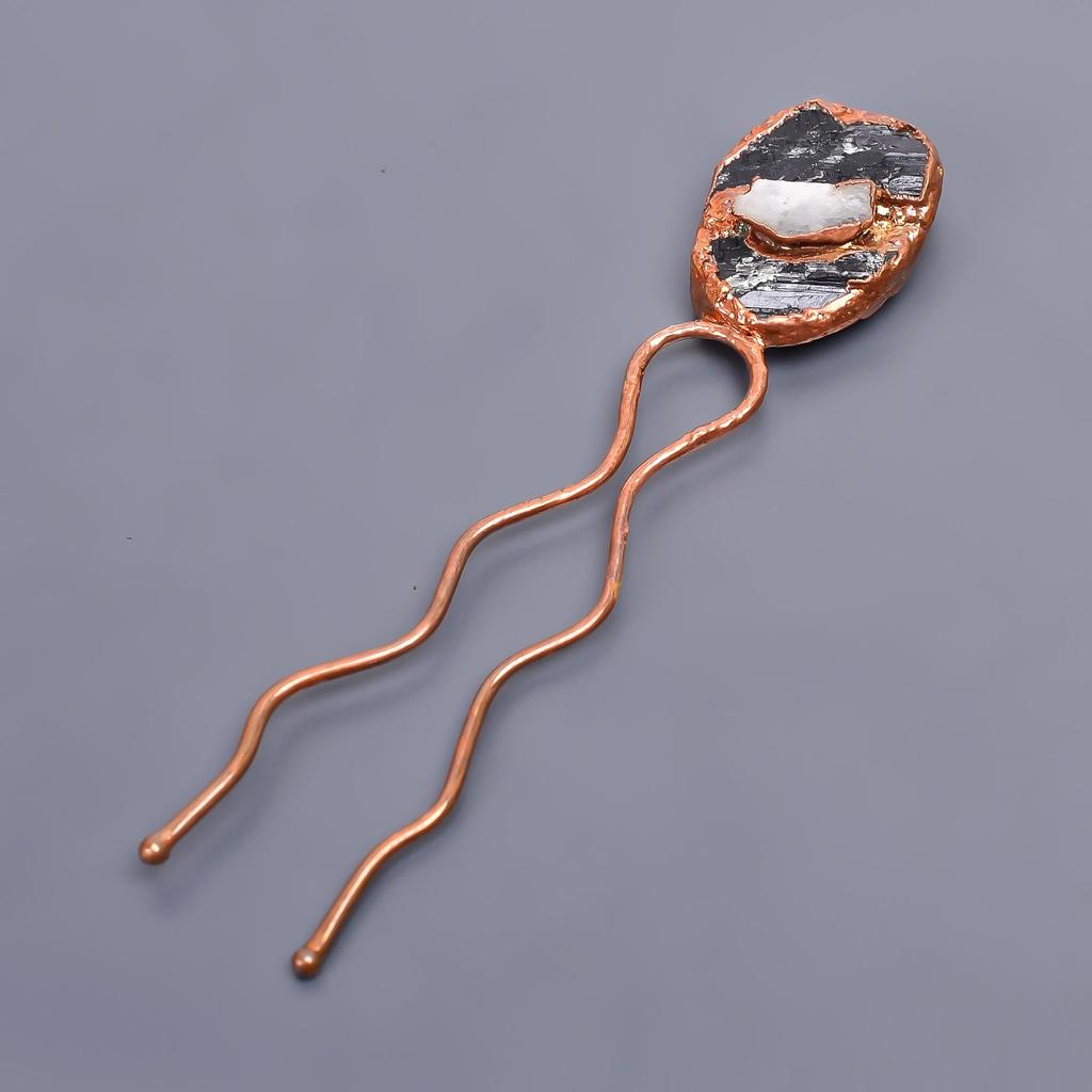 Black Tourmaline Druzy & Moonstone Jewelry Bun Stick 3.7 Inch / Electroplated Copper Gold Filled Hair Pin Christmas Gift For Mother Wife