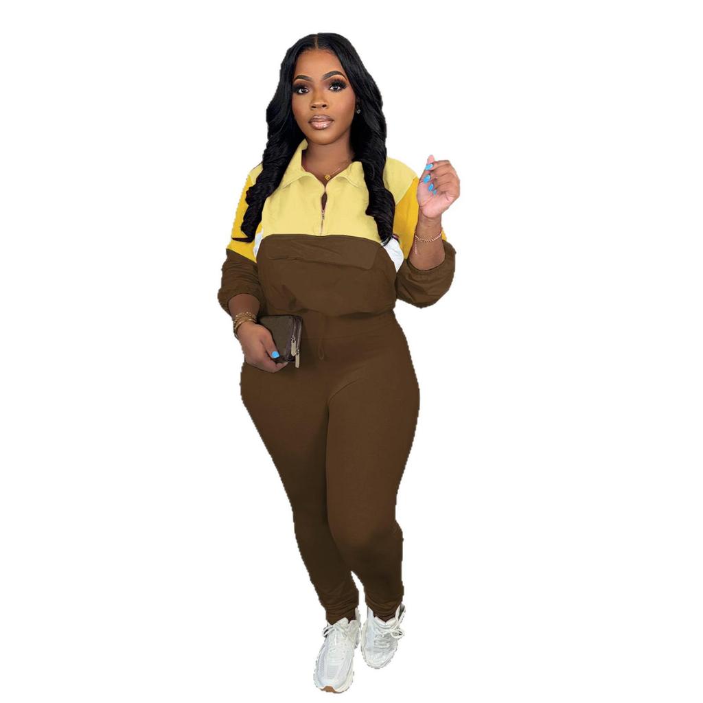Autumn Color Block Hoodie & Skinny Pants Two-Piece Set