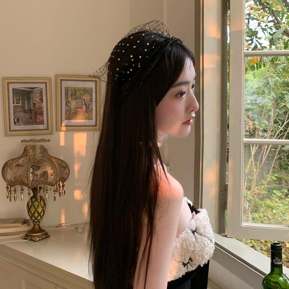 Bowknot Bride Veil Hair Hoop Black Mesh Rhinestone Headband Cute Bow Headband Female