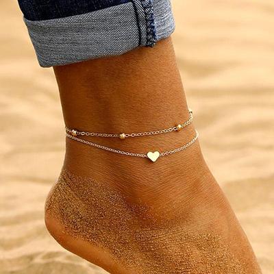 Catena da piede con perline tonde dorate da spiaggia estiva, temperamento semplice, cavigliera a forma di cuore, catena sottile multistrato da donna