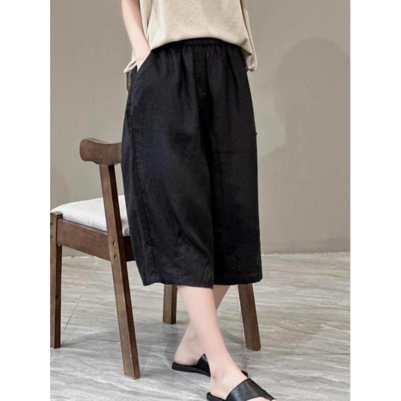 Women's Elastic High Waist Cotton Linen Wide Leg Cropped Pants Summer Straight Leg Casual Capris Trousers