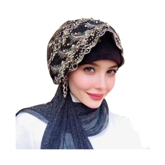 Krajkový strečový turban pro ženy, předvázaný šátek na hlavu