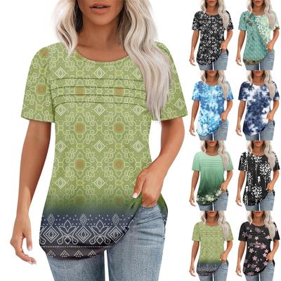 T-Shirts für Damen, plissiert, Rundhalsausschnitt, elegant, lässig, Blusen, bedruckt, kurzärmelig, Sommeroberteile, lockere Passform