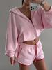 Hooded zipper short sweater set women, contrasting color hemming high waist sports shorts two-piece set
