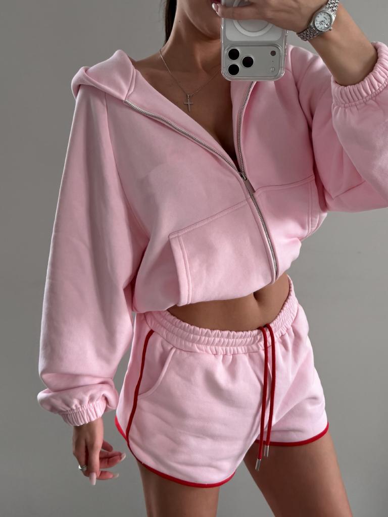 Hooded zipper short sweater set women, contrasting color hemming high waist sports shorts two-piece set