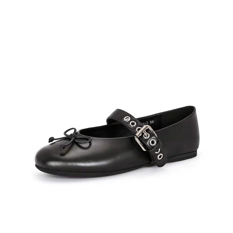Cowhide~ Shoes Ballet Shoes Women's Bow Light Mouth Versatile Flat Shoes Temperament Commuter Mary Jane Shoes