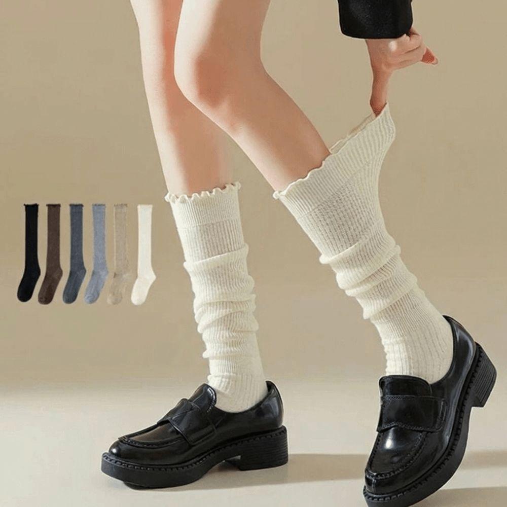 1Pair New Cotton Knee-high Socks Ruffled Edge Japanese Style Calf Socks Solid Color Sweat-absorbent Boot Socks Fall Winter