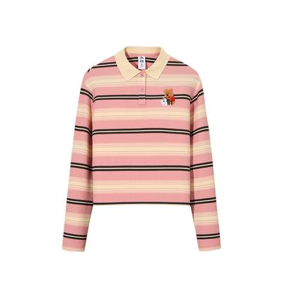X Cute Town Collaboration Life Series Polo Neck Striped Color Block Loose Long Sleeve T-Shirt Women Tops 162548404-1