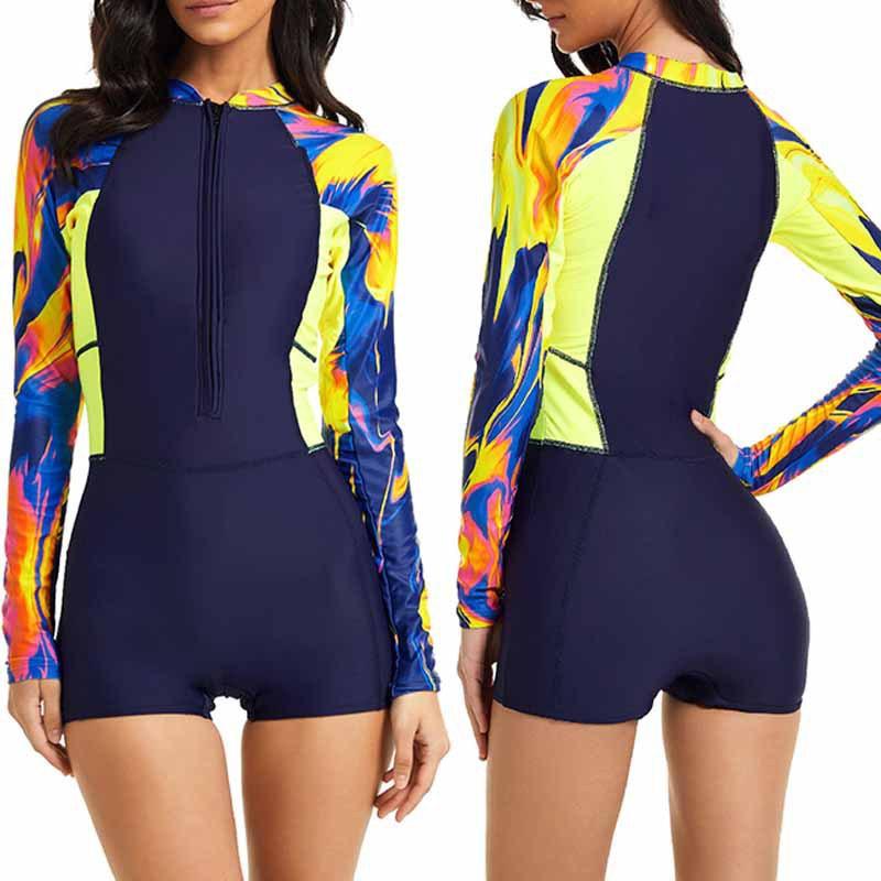 New European and American Fashion Printing Sunscreen, Thin, Conservative, Meat-covering One-piece Long-sleeved Women's Surf Suit