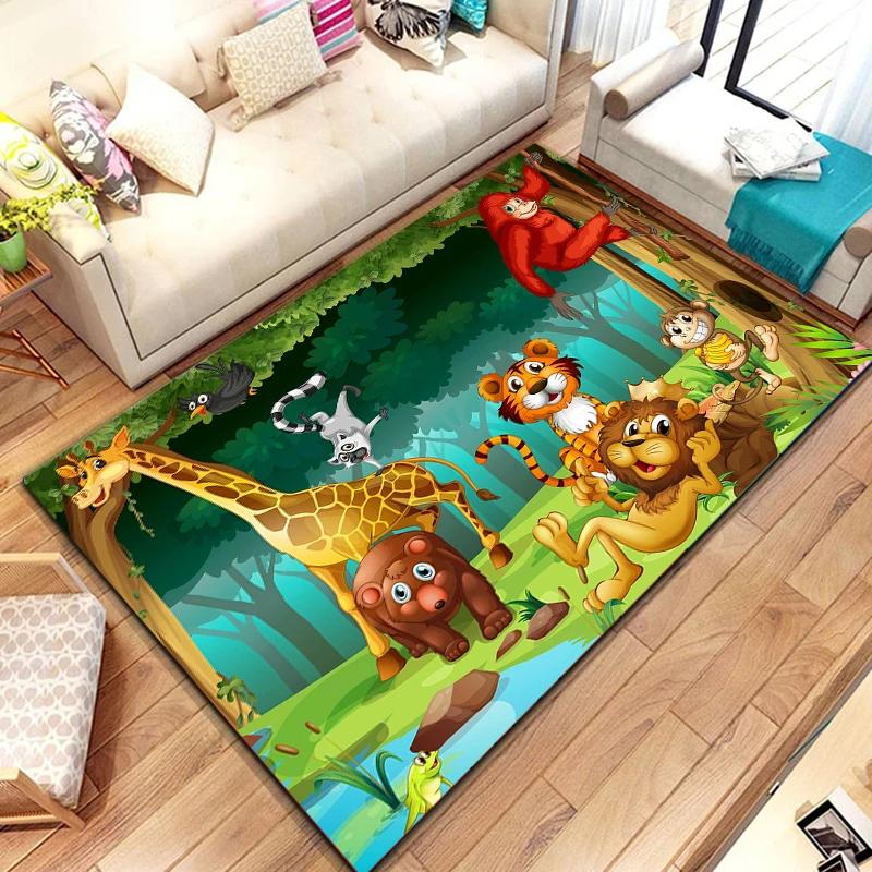 Dzikie Zwierzę Kreskówkowe Dywanik Obszarowy, Dywan ze Zwierzętami Safari Afrykańskiego dla Dzieci, Dekoracja Pokoju Kawaii, Mata Wejściowa, Mata Podłogowa Dzikie Zwierzęta Dżungli