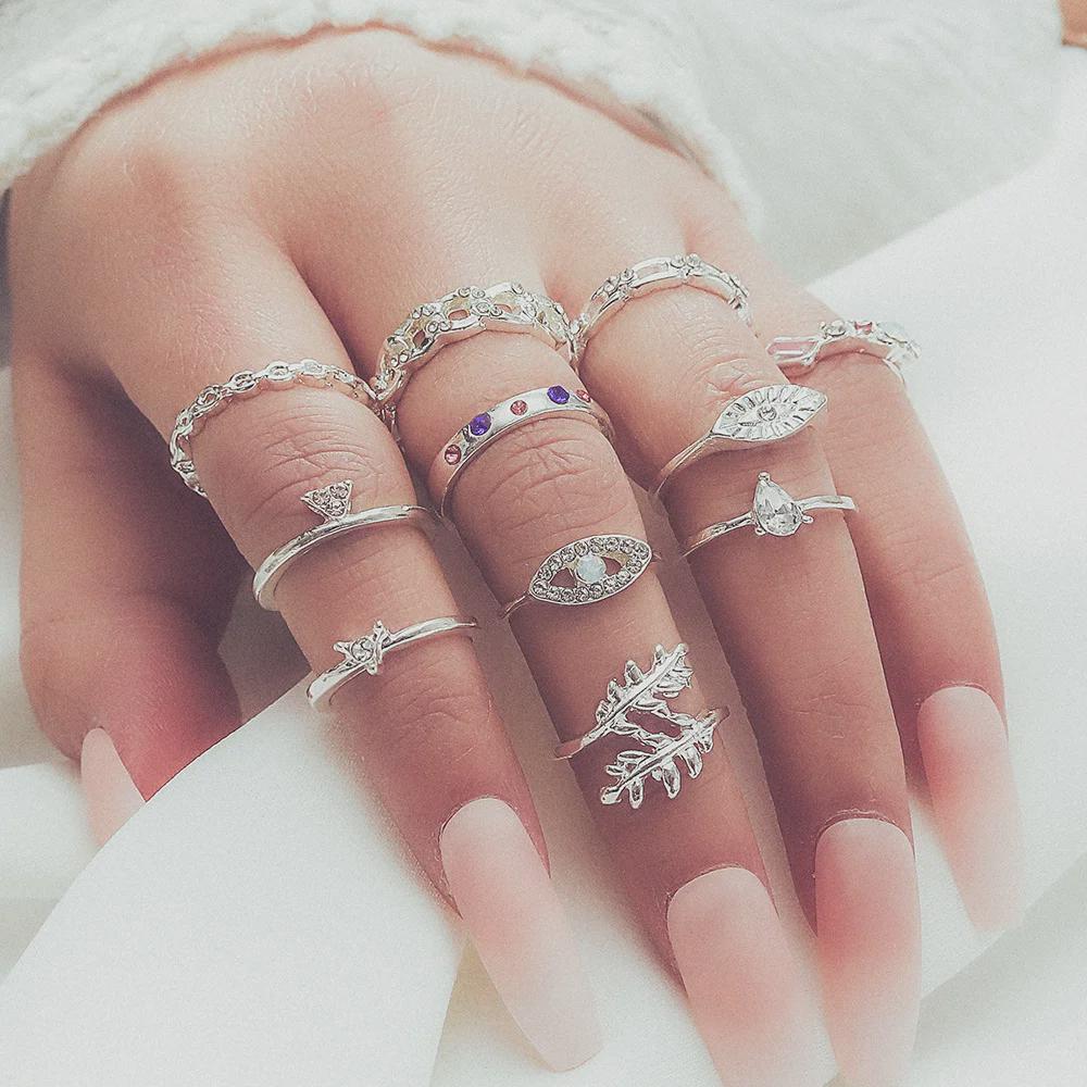 Leaf-Colored Diamond Ring Set: 11-Piece Water Drop Opal & Rhinestone Inlay