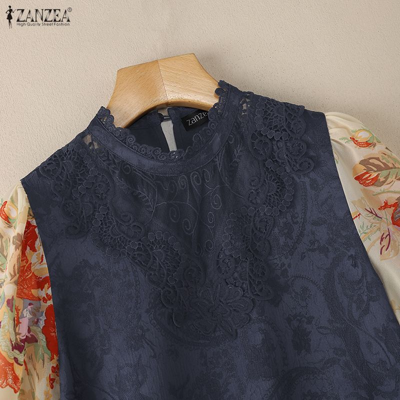 ZANZEA Women Casual Round Neck Print Splice Half Sleeve Lace Blouse