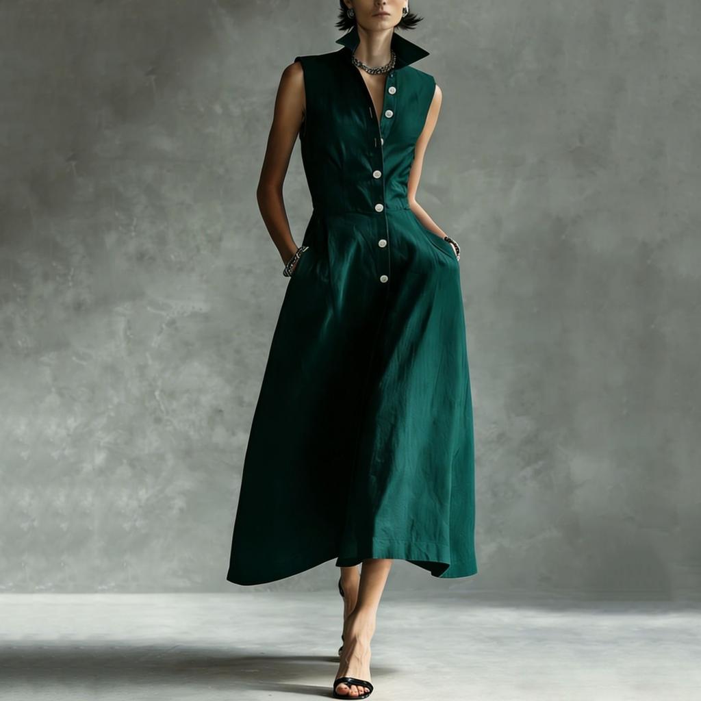 Women's Fashionable Sleeveless Linen Casual Button-Down Dress