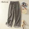 Korean Style Summer Women Wide Leg Pants Drawstring High Waist Plaid Straight Trousers Vintage Hollow Out Lace Patchwork Pants