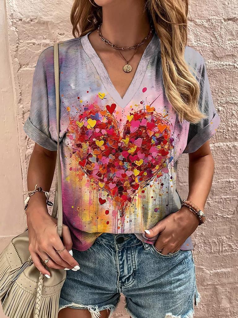 2025 New Summer Women's V-Neck T-Shirt Outdoor Casual Short Sleeve Tops Fashion Love Style Pattern OverSize Women's Clothing
