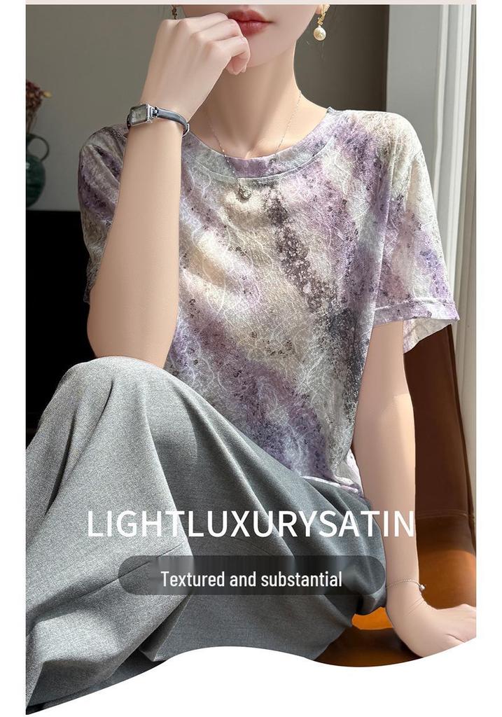 Women's Ink Wash Tie-Dye Short Sleeve Top - Loose Fitting, Slimming, Round Neck Base Layer