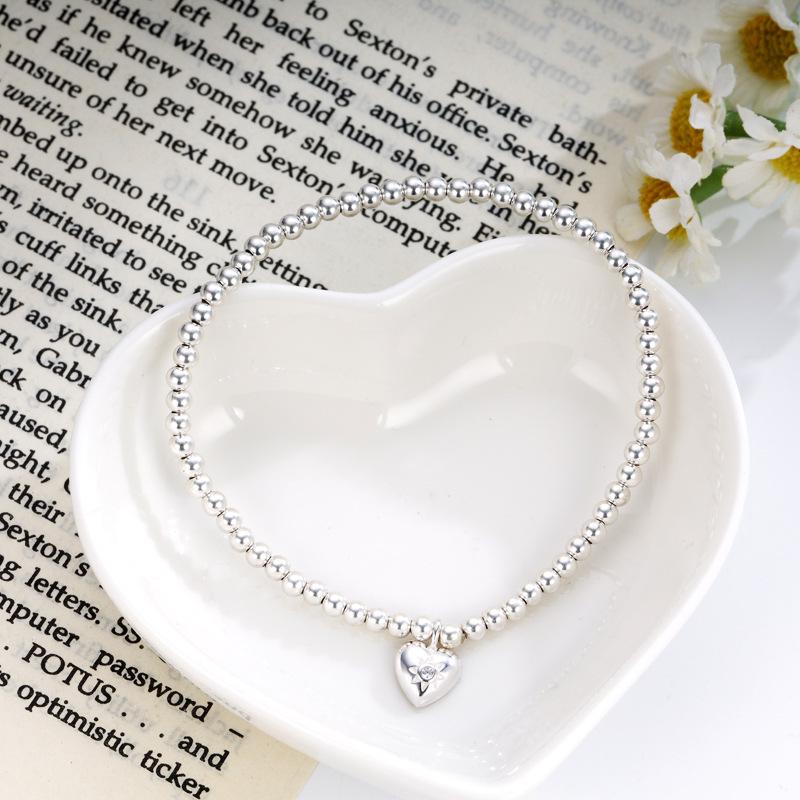 Korean S925 Sterling Silver Pearl Heart Bracelet - Elegant Retro Geometric Design for Women 925 Silver