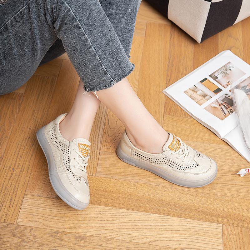 

Новейшие 2025 женские летние дышащие кроссовки из натуральной кожи с вырезами, мокасины с мягкой подошвой для комфорта 35 бежевый