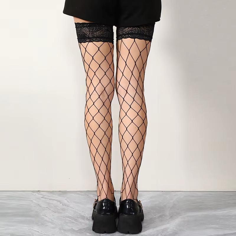 Women Black 1 Pair Sexy Stockings  Women Anti Slip Silicone Fishnet Knee Socks Female Lace Floral For 50-85kg Long Socks