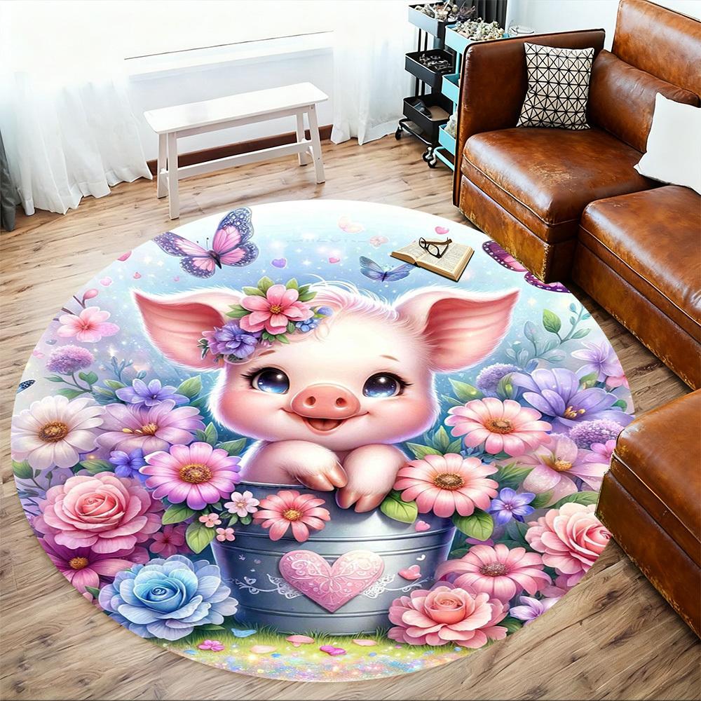 1pc Piggy Flowers Round Chair Mat Office Area Rug - Non-Slip, Floor Mat for Office, Bedroom, Ideal Home Decor Gift C0112076