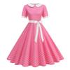 Women Vintage Collar Polka Dot Patchwork Short Sleeve Belted Flared Midi Dress for Casual and Daily Wear