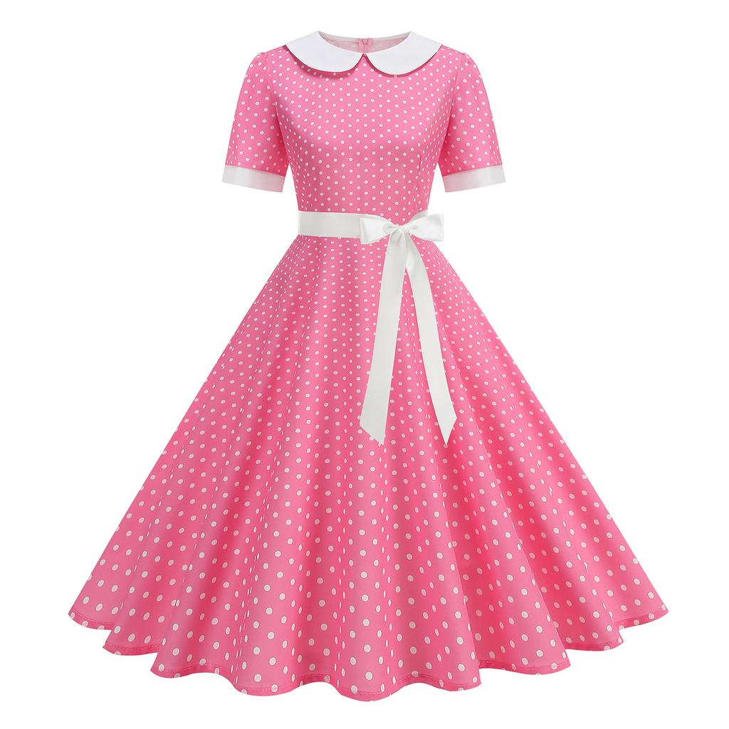 Women Vintage Collar Polka Dot Patchwork Short Sleeve Belted Flared Midi Dress for Casual and Daily Wear