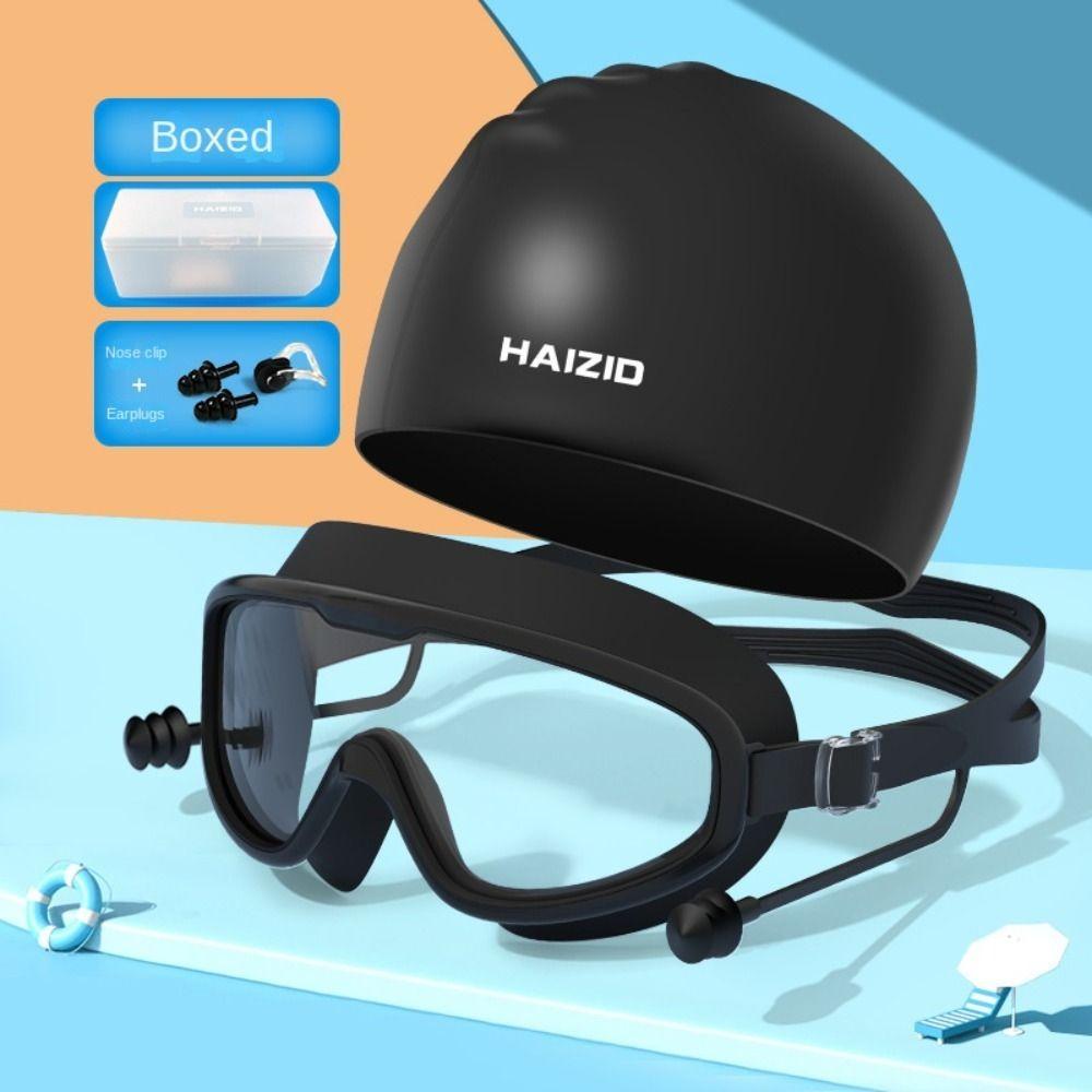 

1 Set HD Swimming Goggles Cap Earplug Set Waterproof Swim Hat Goggles Earplug Set Diving black-style 1