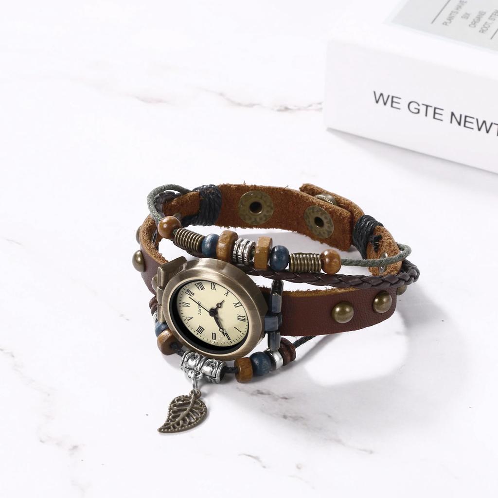 Antike Uhren für Lederarmband Leder Gebet Geschenk für Sie Frauen, Armband, Uhr, Armband, Mehrfachwicklung, Perlen, Geflochten, Blatt, Römisch, Analog, Lässig,