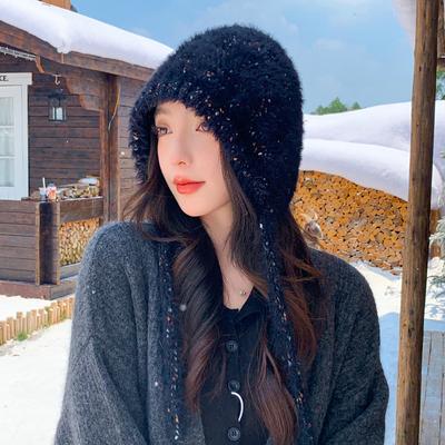 Peluş Şapka Kadın Sezon Tembel Rüzgar Kalınlaştırılmış Yün Şapka Büyük Kafa Çevresi Soğuğa Dayanıklı Kulak Koruyucu Şapka Sıcak Örme Şapka