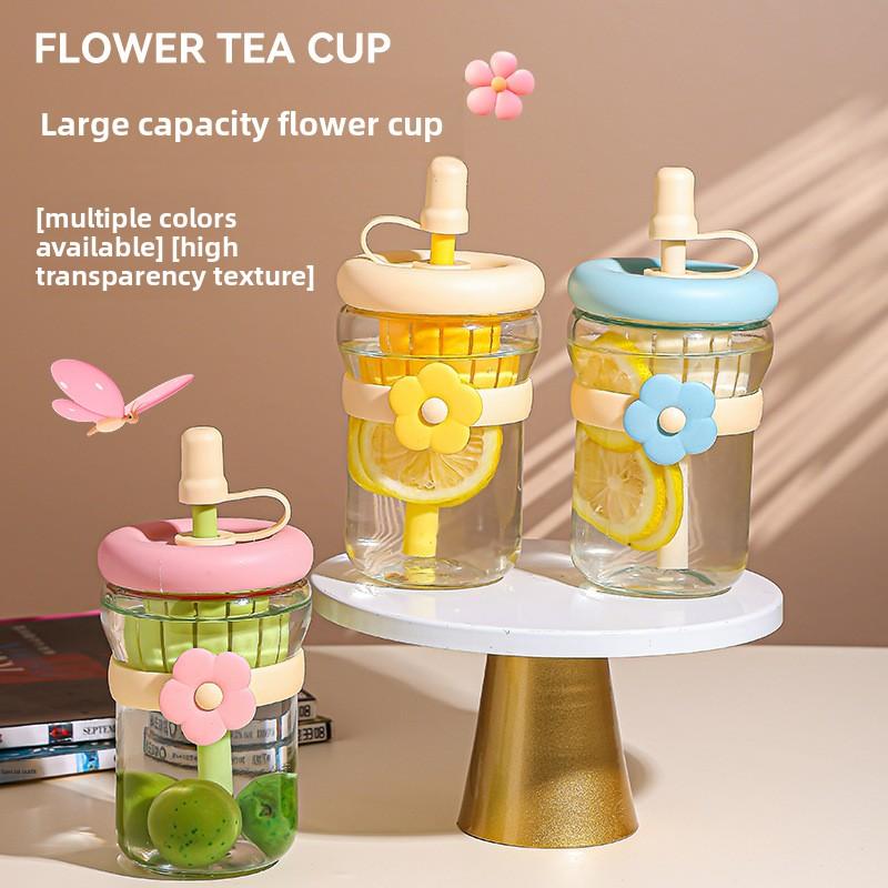 Glass Flower Cartoon Tea Strainer Cold Brew Straw Tumbler Leak-Proof Reusable Water Bottle With Floral Infuser Gift For Students