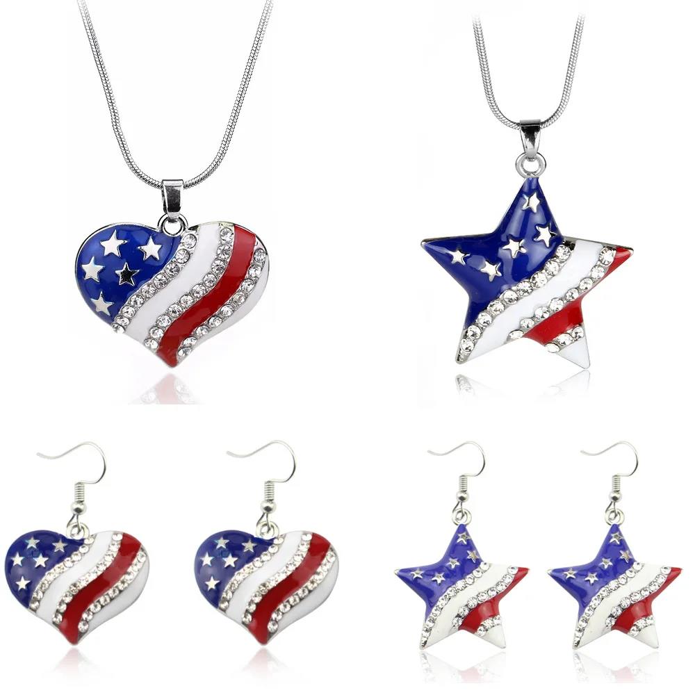 USA Flag Necklace US Love Heart Pentagram America Flag Necklace Full Iced Out Rhinestone Men Hip Hop Rock Pendant Neck Chains