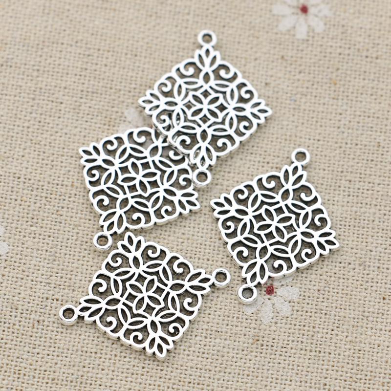 10Pcs Antique Silver Plated Square Flower Charm Connectors For Making Bracelet Handmade Diy Jewelry Accessories 28X22Mm