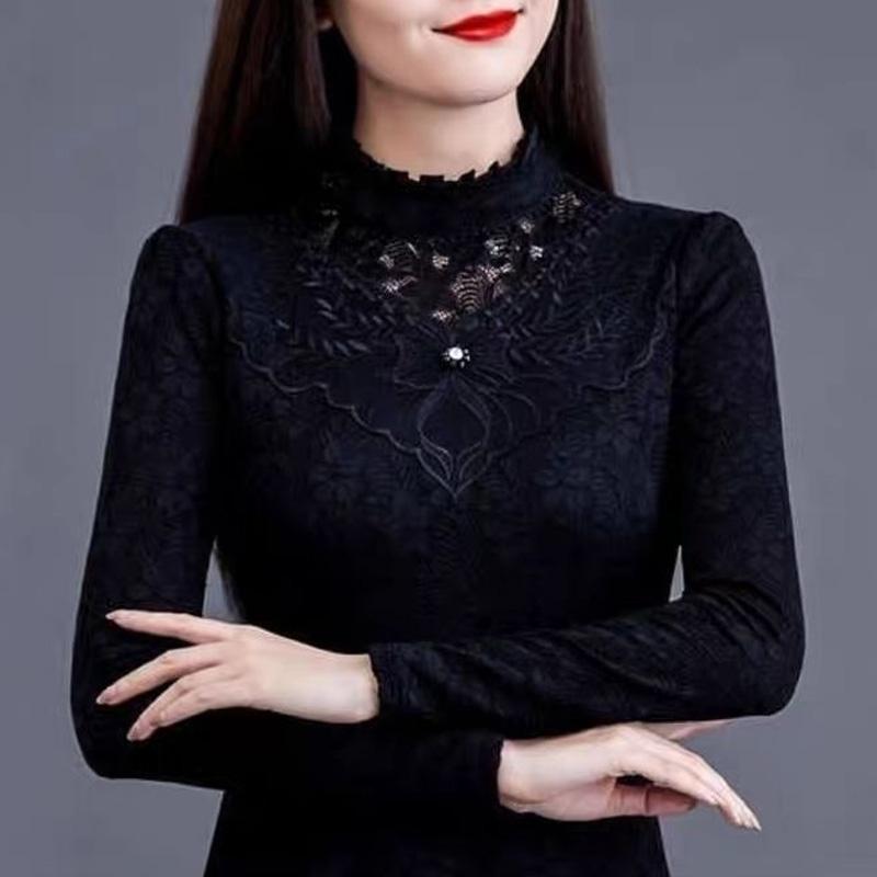 Nowa Wiosenna i Jesienna Moda Temperament Seksowna Koronkowa Ażurowa Koralikowa Stójka Slim Fit Długi Rękaw Damska Koszulka Podkładowa