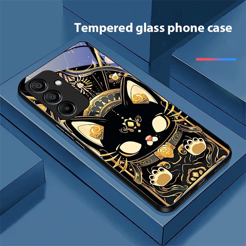 Black Gold Cat For Samsung Galaxy A15 5G 54 4G 51 50 24 35 90 71 12 51 53 52S 80 22 34 Black Tempered Glass Phone Case