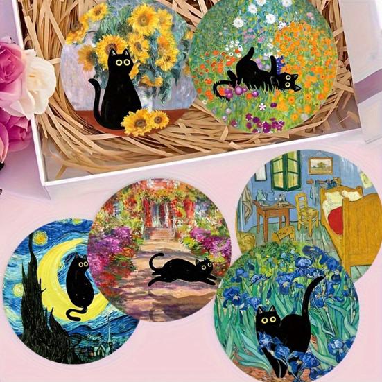 6 Pcs Art And Black Cat Wooden Coasters Cute Cat Drink Coaster Round Cup Mat for Table Protection Housewarming Gift for Home Bar Decor