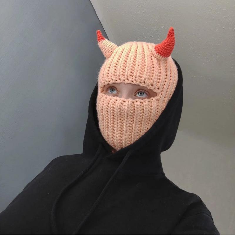 Y2K Style Crochet Halloween Party Cow Horn Parent-Child Ski Mask Hat