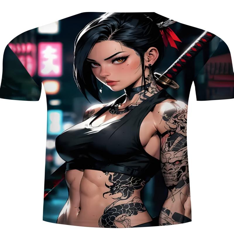 Men'S 3D Cyber Samurai Girl Themed Print T - Shirtsoft Polyester Fabric Summer Round Neck T-Shirt Regular