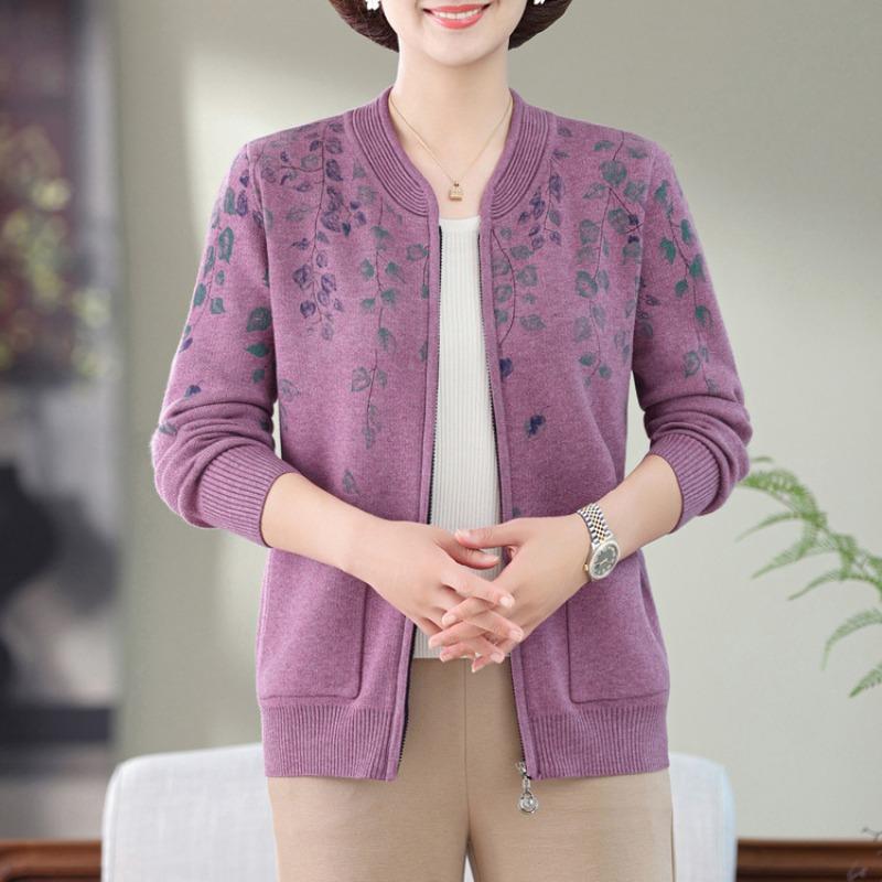 Middle-aged mother early autumn new crew neck cardigan middle-aged women's pocket knitted sweater top new sweater