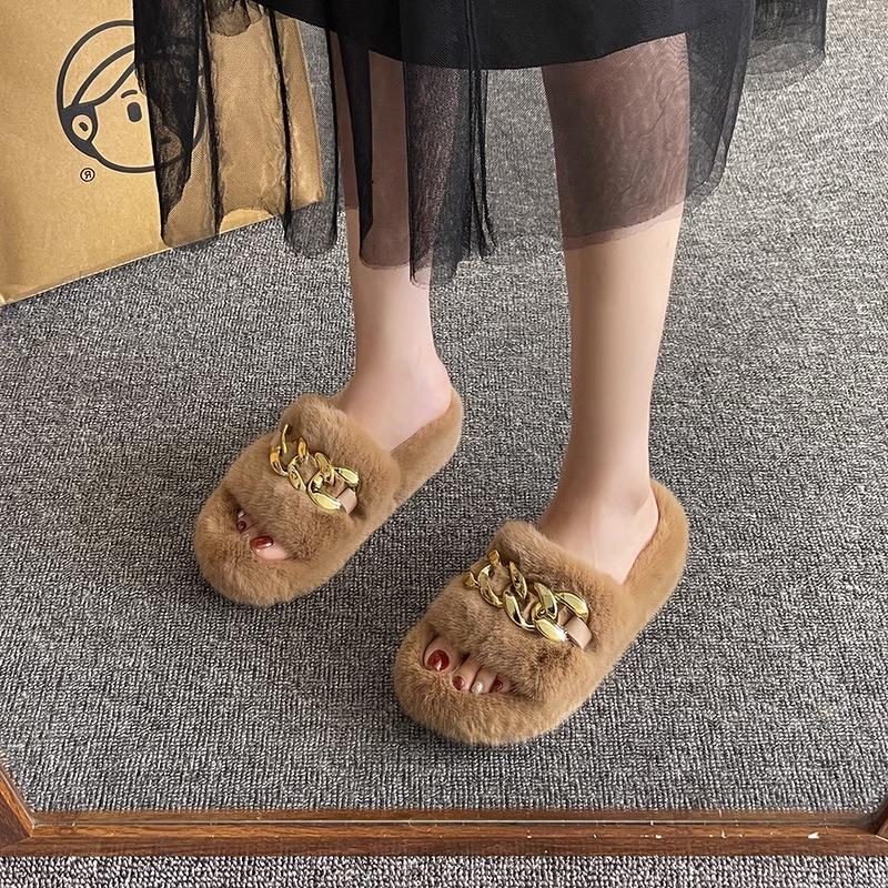 Internet celebrity fairy fluffy slippers female outer wear thick bottom heightening non-slip autumn and winter ins home chain plush slippers