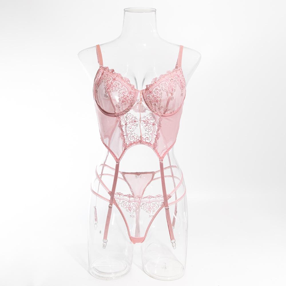 European and American Embroidered Push-up Lingerie Set - Pink, Underwire, Sexy, Comfortable, Tempting
