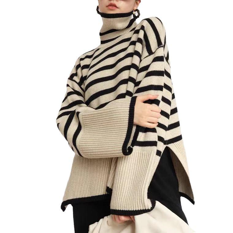 Women's High Neck Knitted Sweater - Retro Striped Design, Loose Fit, Autumn/Winter 2023, Korean Style.