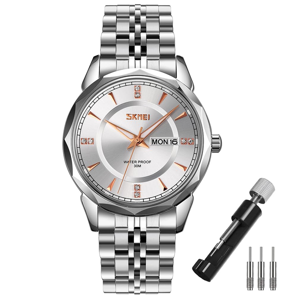 SKMEI Men's Stainless Steel Business Classic Watch, Waterproof, Analog, Stylish, Simple, Date & Day Display, Luxury Gift for Men, Silver