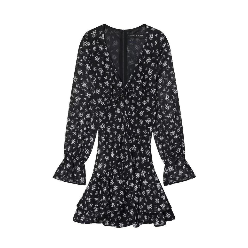 2025 Autumn/Winter European Women's Waist-Cinching Printed Long-Sleeve Dress