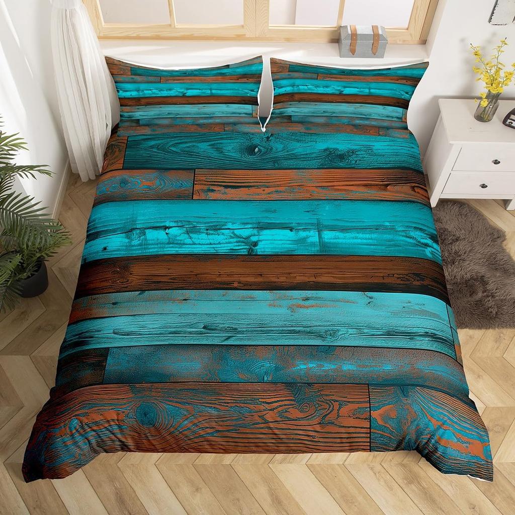 Geometric Bedding Set,Patchwork Plaid Duvet Cover Twin King for Teens Adults,Retro Vintage Comforter Cover,Wooden Plank Bed Set