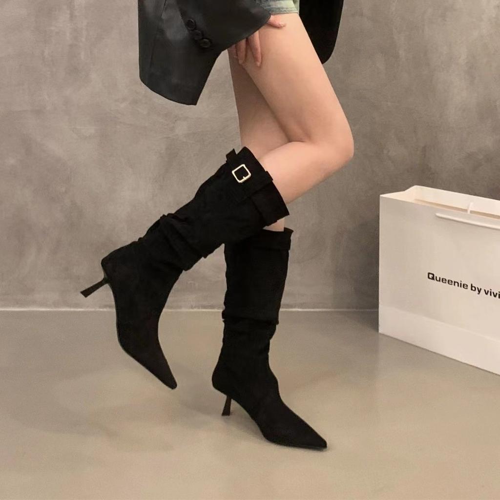 Boots Women  New Fashion Pleated Women's Knee-high High Heel Ladies Pointed Knight Boots High Quality Knee High Boots D468